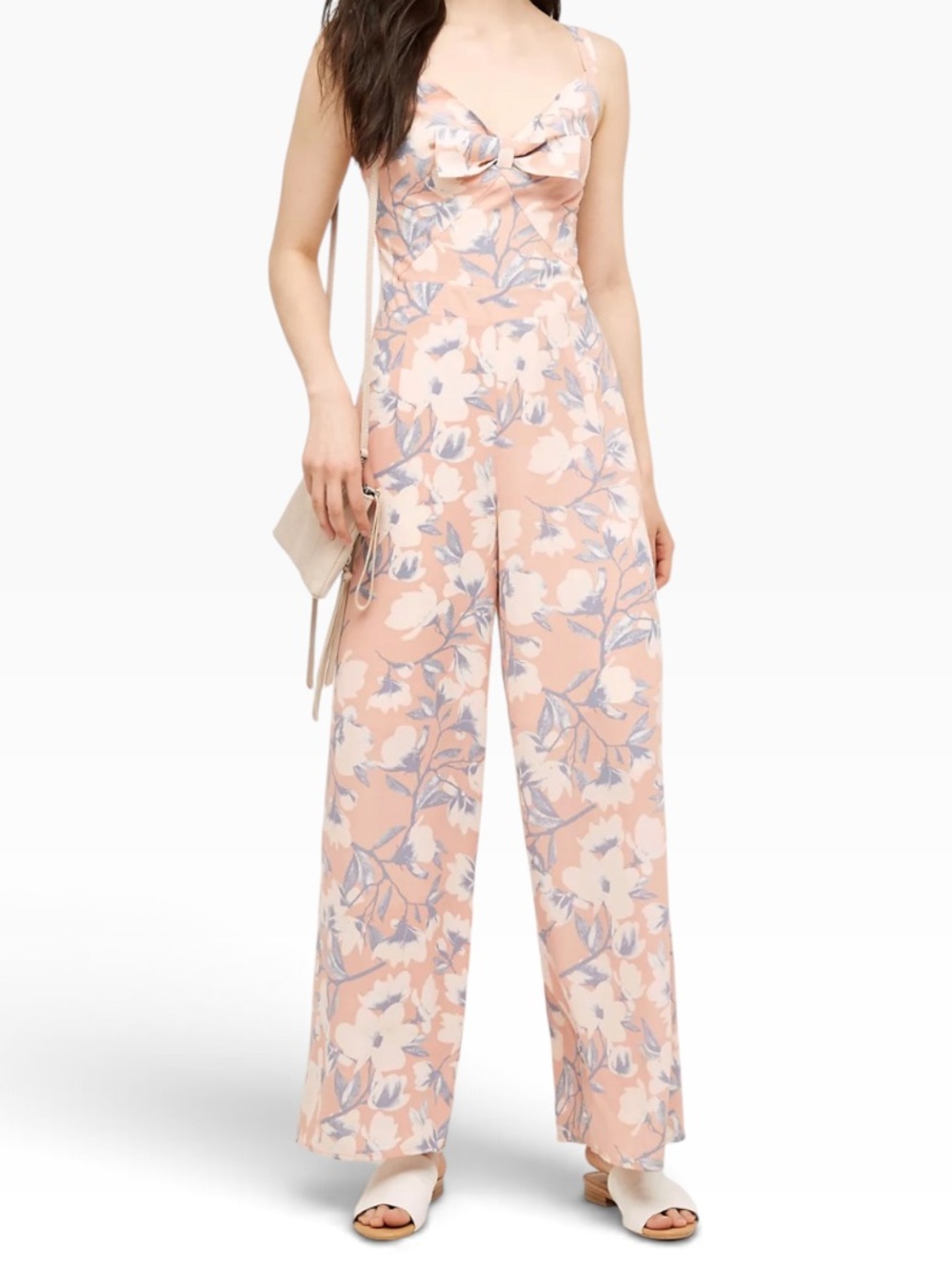 Anthropologie Paper Crown  Peach Floral Tie-Front Wide-Leg Jumpsuit S